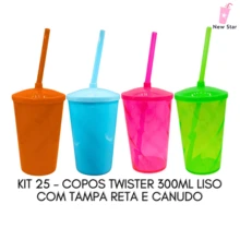 KIT 25 - TWISTER LISO 300ML COM TAMPA E CANUDO - PARA FESTA, PERSONALIZAÇÃO, ANIVERSÁRIO