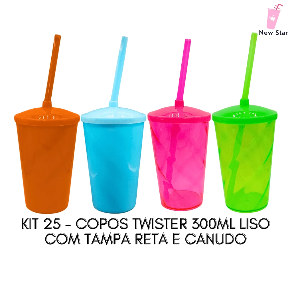 KIT 25 - TWISTER LISO 300ML COM TAMPA E CANUDO - PARA FESTA, PERSONALIZAÇÃO, ANIVERSÁRIO