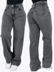 Calça Jeans Feminina Wide Leg Cintura Alta Levanta bumbum - Cinza - Visão 4