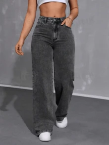 Calça Jeans Feminina Wide Leg Cintura Alta Levanta bumbum - Cinza - Visão 2