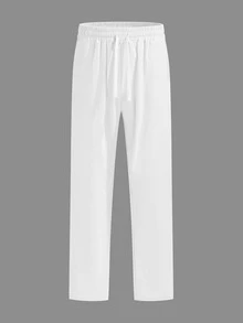 Men's White Linen Blend Loose Drawstring Casual Pants, Lightweight Summer Style (Thin Fabric May Wrinkle Easily And Have Slight Transparency, Please Refer To Size Chart) - White - View 4