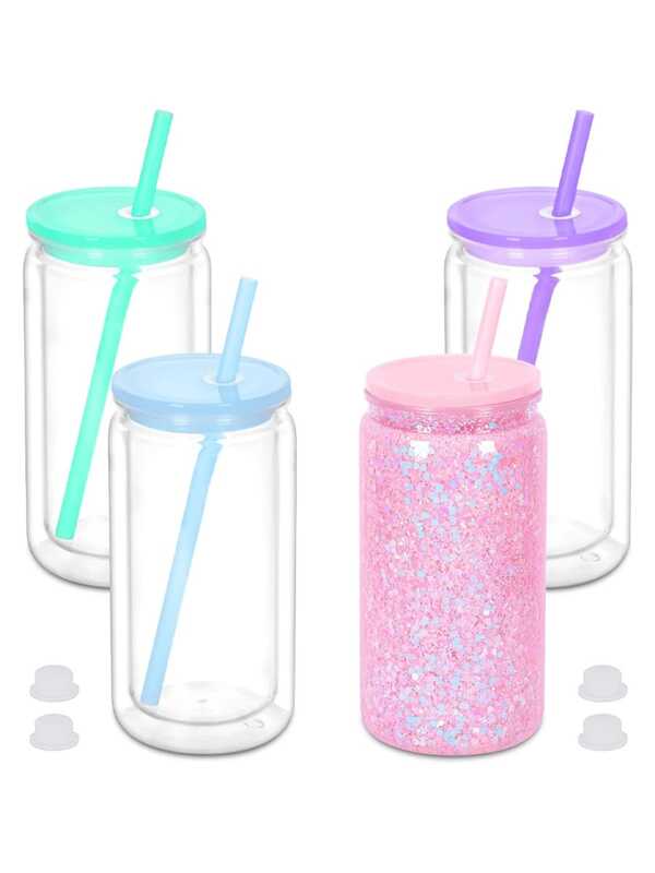 1PC 16oz Double Layer Clear Plastic Snow Globe Cup With Pre-Drilled Holes, Includes Colourful Lid And Straw, DIY Crafts For Office, Reading, Outdoor Camping Picnic