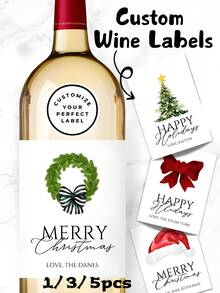 1pc/3pcs/5pcs Custom Christmas Wine Bottle Labels – Personalized Text Stickers, Multiple Holiday Designs, Festive Xmas Party Decorations, Wedding, Birthday & Anniversary Gift, Photo Adhesive Paper - Multicolor - View 1