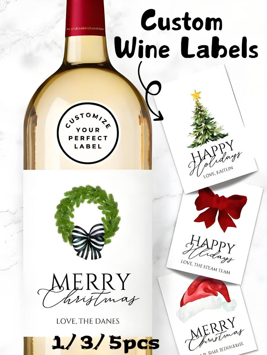 1pc/3pcs/5pcs Custom Christmas Wine Bottle Labels – Personalized Text Stickers, Multiple Holiday Designs, Festive Xmas Party Decorations, Wedding, Birthday & Anniversary Gift, Photo Adhesive Paper - Multicolor - View 1