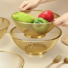 3件/1件不锈钢滤网，多功能穿孔滤水碗，用于清洗蔬菜和米饭，厨房用品，厨房配件，厨房工具 - 金色 - 查看 1