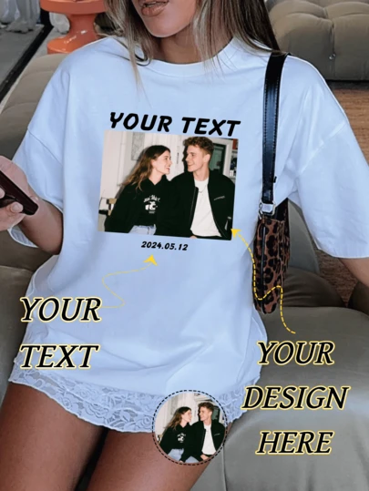 1 pieza Camiseta de mujer de manga corta personalizable, puede imprimir sus propias fotos, texto y fechas para crear una camiseta cómoda y personalizada, adecuada para uso casual, deportes, salidas diarias, un regalo ideal para esposa, novia, amigos y familiares, también un gran regalo para cumpleaños o el Día de San Valentín