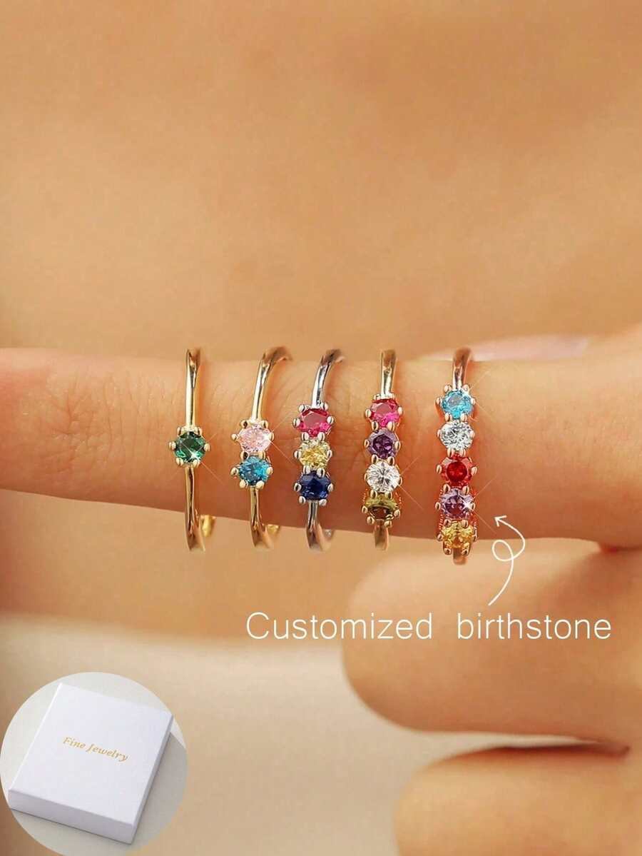 1PC Exquisite Birthstone Ring, Round Diamond Ring, Family Birthstone Ring, Colored Gemstone, Mother Grandmother Ring, Birthday Gift, Mother Gift From Ring Ring To Diamond, Every Step Is Defined By You,Gold,Stylish,Colorful,Vintage,Simple,Unisex,Casual,Cuties,Custom,Personalized,