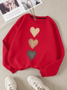 Sudadera negra de manga larga para mujer con cuello redondo y sutil motivo de corazón - Rojo - Ver 1