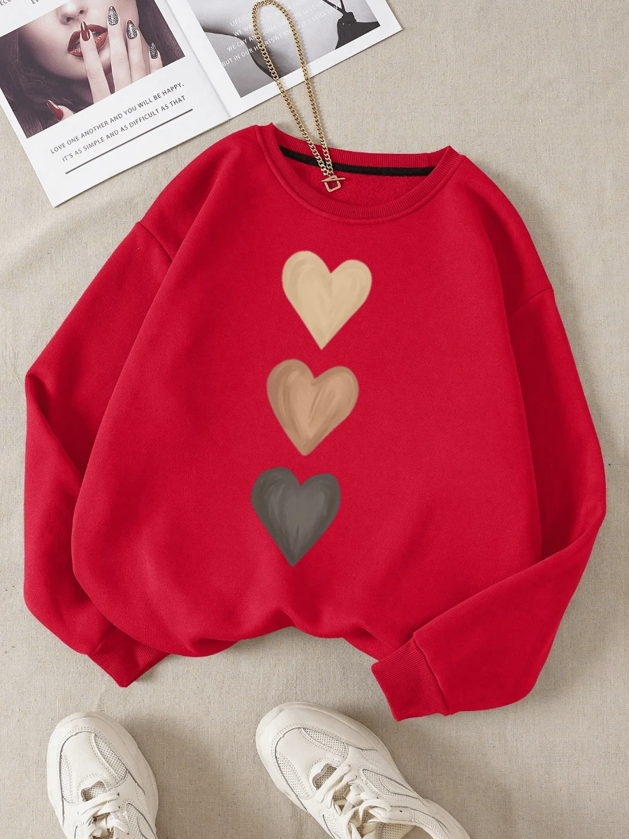 Sudadera negra de manga larga para mujer con cuello redondo y sutil motivo de corazón - Rojo - Ver 1