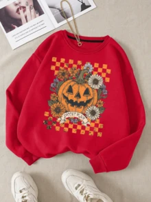 Sudadera informal de calabaza de Halloween para mujer con mangas largas y cuello redondo - Rojo - Ver 1