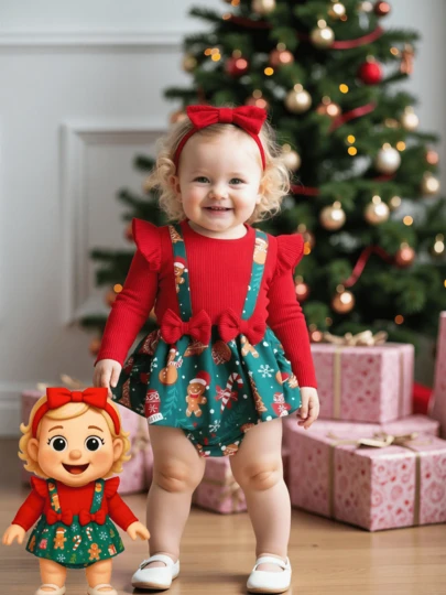 女婴圣诞印花拼接条纹荷叶边蝴蝶结装饰三角连体衣