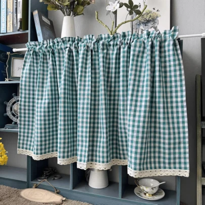 1 pieza Cortina corta a cuadros azul-verde y marrón claro, cortina pequeña de estilo japonés retro para ventana/gabinete/baño