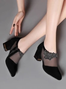 Elegant Spring/Summer Women's Shoes, Fashionable High Heel Pumps, Mesh Patchwork Breathable Flats, Rhinestone Decor Chunky Heel Dress Shoes - Black - View 12