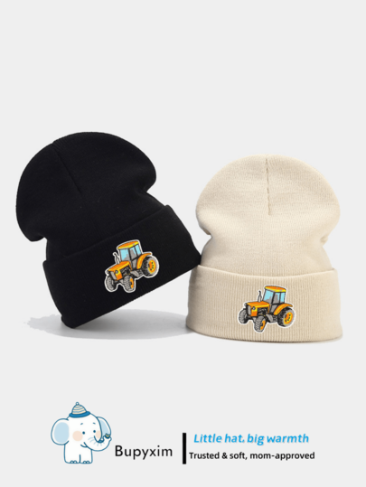 Baby Toddler Boy Knit Hat - Yellow Tractor Embroidered Beanie Winter Warm Skull Cap For Ages 1-8 Years, Gift For Son, Grandson