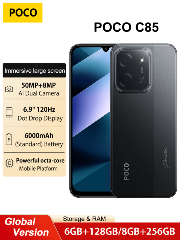 Xiaomi Smartfon POCO C85 6+128 GB, 8+256 GB, wersja globalna, wciągający wyświetlacz 6,9 cala, ogromna bateria 6000 mAh, procesor Helio G81-Ultra, wyraźny podwójny aparat 50 MP AI, zasilany szybkim ładowaniem 33 W