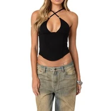 Women's Boho Beaded Halter Top Summer Criss Cross Backless Camisoles - Black - View 2
