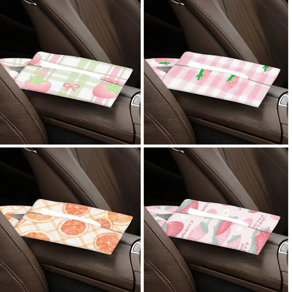 1 pieza/2 piezas/4 piezas Soporte para toallas de papel con estampado de frutas lindas - Caja de pañuelos de tela de poliéster rectangular con cuerda colgante, adecuada para sala de estar, dormitorio, baño y coche, accesorio de decoración del hogar de moda, patrón elegante, estructura duradera, almacenamiento funcional