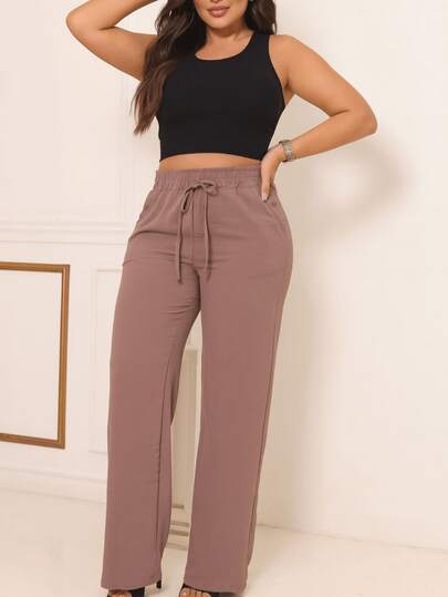 Calça Pantalona Feminina Wide Leg Com Bolso Cordão