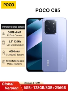 Xiaomi Smartfon POCO C85 6+128 GB, 8+256 GB, wersja globalna, wciągający wyświetlacz 6,9 cala, ogromna bateria 6000 mAh, procesor Helio G81-Ultra, wyraźny podwójny aparat 50 MP AI, zasilany szybkim ładowaniem 33 W
