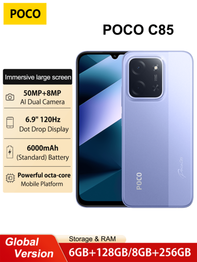 Xiaomi Smartfon POCO C85 6+128 GB, 8+256 GB, wersja globalna, wciągający wyświetlacz 6,9 cala, ogromna bateria 6000 mAh, procesor Helio G81-Ultra, wyraźny podwójny aparat 50 MP AI, zasilany szybkim ładowaniem 33 W