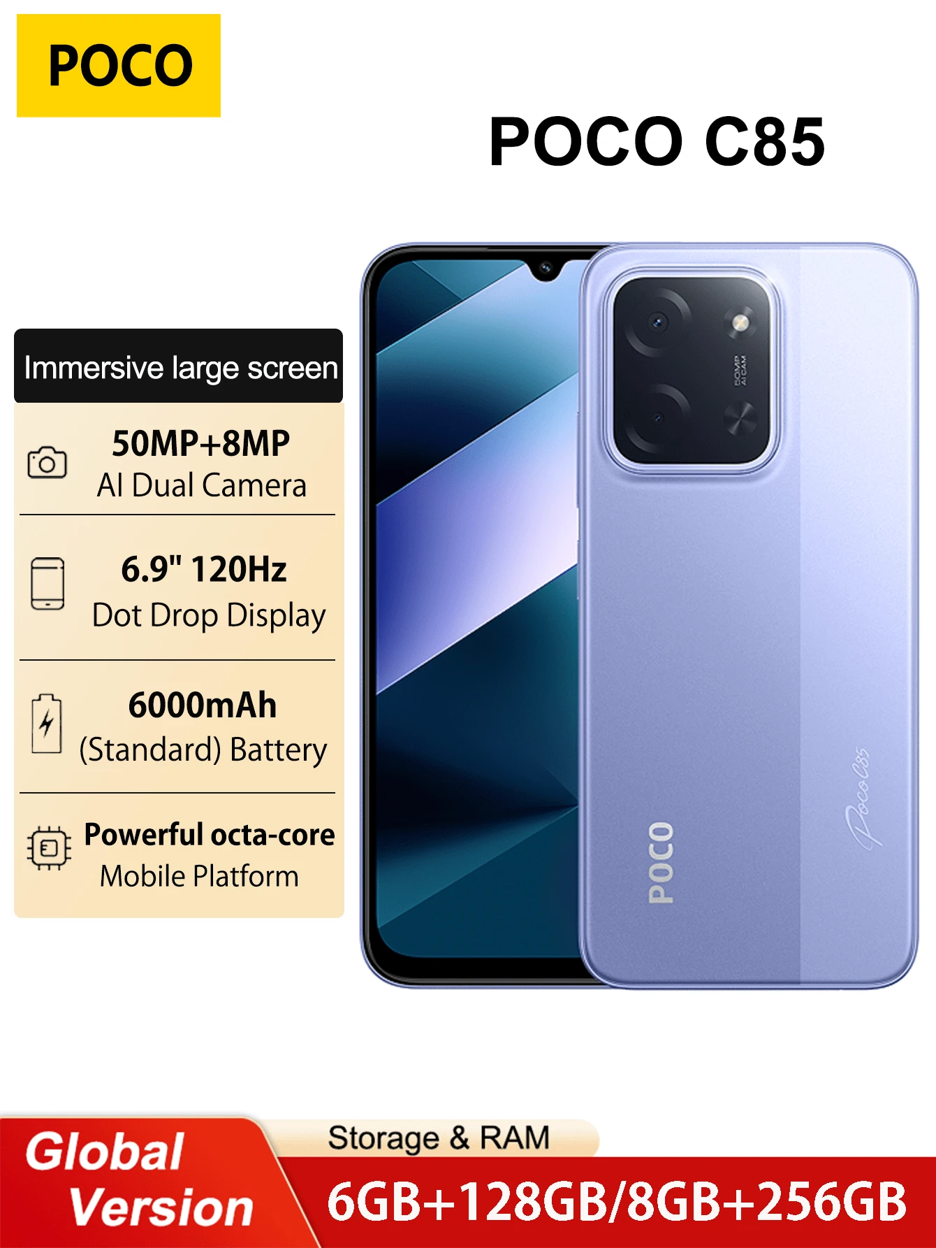 Xiaomi Smartfon POCO C85 6+128 GB, 8+256 GB, wersja globalna, wciągający wyświetlacz 6,9 cala, ogromna bateria 6000 mAh, procesor Helio G81-Ultra, wyraźny podwójny aparat 50 MP AI, zasilany szybkim ładowaniem 33 W