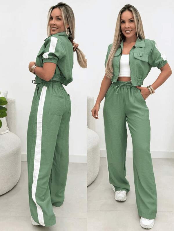 Conjunto Feminino Jaqueta Manga Curta e Calça Pantalona Duas Cores