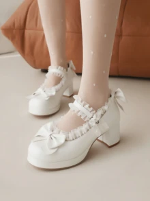 Women Kawaii Mary Jane Pumps Mid Block Heel Fashion Dress Shoes With Cute Bow Platform Chunky Heel Sweet Party Wedding Hallowen Cosplay Shoes For Women - trắng - Xem 4