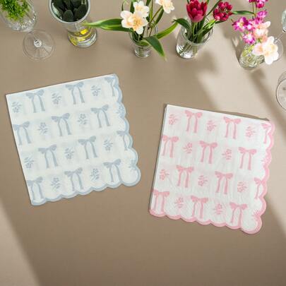 20/40pcs Blue & Pink Lace Napkins, Bow Pattern Printed Paper Towels, Unfolding 10*10inch, 3-Ply Wavy Edge Cocktail Paper Napkins, Wedding Deco, Perfect For Shower, Bridal, Gender Reveal, Birthday Party Supplies,Christmas