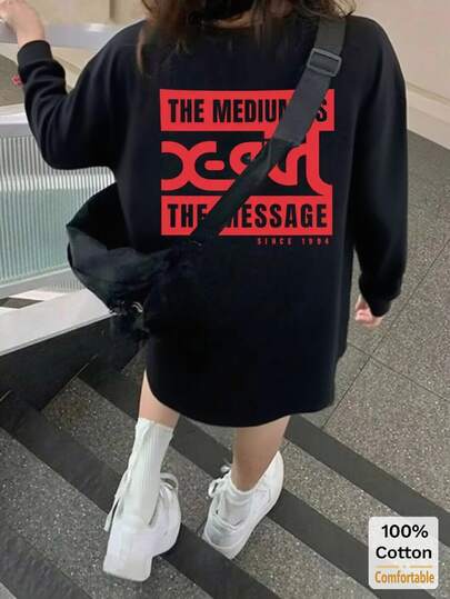 Women's Cotton Long Sleeve T-Shirt, Letter Print, Loose Fit Mid-Length Top, Autumn/Winter, Black, Stylish & Chic