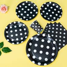 Black Polka Dot Birthday Party Disposable Plates, Napkins, Cups - Polka Dot Party Decor Plates, Napkins And Cups, Serves 25 Guests, Disposable Paper Plates Party Supplies Suitable For Birthday, Gender Reveal, Picnic - Multicolor - View 3