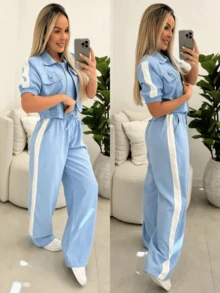 Women's Set Short Sleeve Jacket And Two-Color Wide-Leg Pants - Màu xanh nhạt - Xem 1