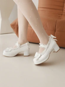 Women Kawaii Mary Jane Pumps Mid Block Heel Fashion Dress Shoes With Cute Bow Platform Chunky Heel Sweet Party Wedding Hallowen Cosplay Shoes For Women - trắng - Xem 5