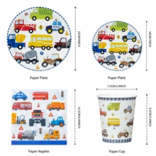 Platos, servilletas y vasos desechables con temática de transporte - camiones, coches, coches de carreras, camiones de bomberos, platos, servilletas y vasos de feliz cumpleaños para fiestas, adecuados para 25 invitados, suministros de fiesta de platos de papel desechables para cumpleaños, bodas, fiestas, picnics familiares - Multicolor - Ver 2