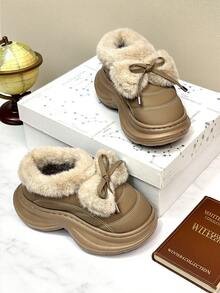 Women's Comfortable Chunky-Soled Boots, Featuring Plush Fur For Warmth Retention, An Exquisite Bow Design, Chunky Soles Ideal For Winter.