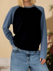 Women's Autumn Winter Knit Sweater Long Sleeve Round Neck Contrast Color Knitwear Tops - Blue - View 1