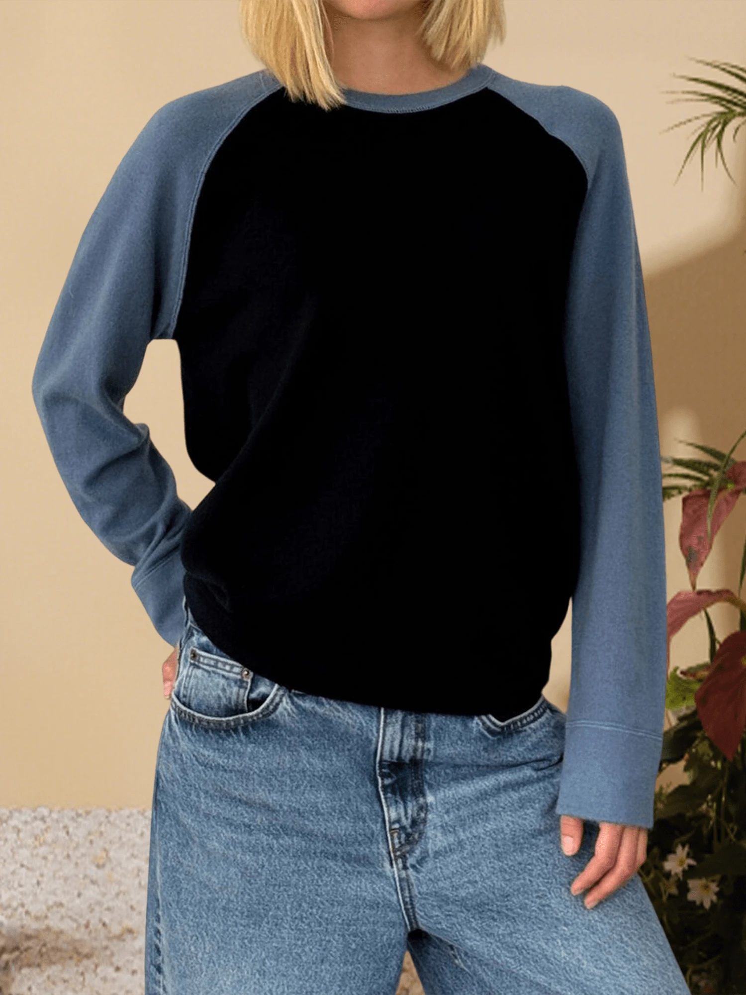 Women's Autumn Winter Knit Sweater Long Sleeve Round Neck Contrast Color Knitwear Tops - Blue - View 1