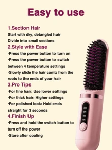 GENAI USB充电式直发梳 - 便携式快速加热造型工具，带LED显示屏 - 防毛躁，适合居家/旅行 - 黑色/粉色 - 彩色 - 查看 12