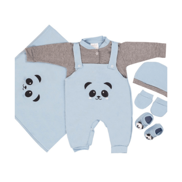 Kit Saída de Maternidade Conjunto de Roupa para Bebê Menino Enxoval Infantil 100% Algodão 05 Peças Panda Cinza