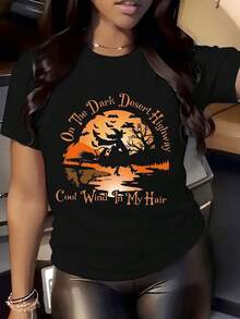Women's Casual T-Shirt With Witch On Dark Desert Highway Graphic, Comfortable And Soft Short-Sleeved T-Shirt, 100% Cotton, 220 G, Ideal For Spring And Summer, Unisex.