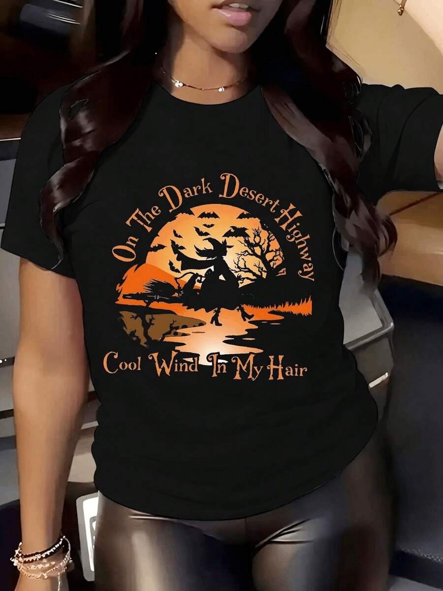 Women's Casual T-Shirt With Witch On Dark Desert Highway Graphic, Comfortable And Soft Short-Sleeved T-Shirt, 100% Cotton, 220 G, Ideal For Spring And Summer, Unisex.