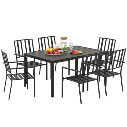  Outsunny 7 Pieces Garden Dining Set, Outdoor Patio Table And 6 Stackable Chairs, Metal Top Table With Umbrella Hole, Black