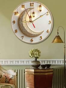 Horloge murale élégante de 10 à 12 pouces avec croissant de lune et lanterne - Mouvement à quartz silencieux, horloge en bois, parfaite pour la décoration intérieure spirituelle, les célébrations de fêtes et les idées de cadeaux, décoration de la maison