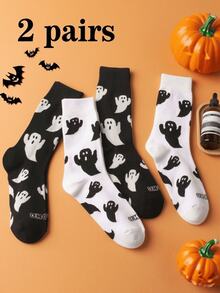 2 Pairs Of Fun Ghost Print Mid-Leg Socks. Personalized Couple Socks For Halloween Parties And Festive Outfits. Soft Knit Fabric. Suitable For Birthdays, Halloween, Parties. Unique And Stylish Casual Socks. Suitable For All Seasons. A Great Choice For Vacations, Outdoor Sports, Parties