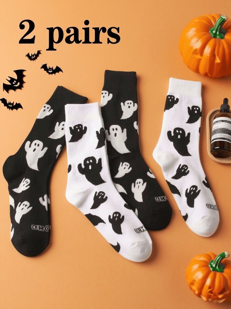 2 Pairs Of Fun Ghost Print Mid-Leg Socks. Personalized Couple Socks For Halloween Parties And Festive Outfits. Soft Knit Fabric. Suitable For Birthdays, Halloween, Parties. Unique And Stylish Casual Socks. Suitable For All Seasons. A Great Choice For Vacations, Outdoor Sports, Parties