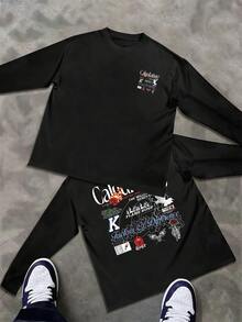 Men's Casual Long Sleeve TShirt With Flame Rose Graphic Print, Stylish & Comfortable 100% Cotton Tee,  Streetwear Top For Men, Fashion Forward Design & Excellent Quality. - 黑色 - 查看 1