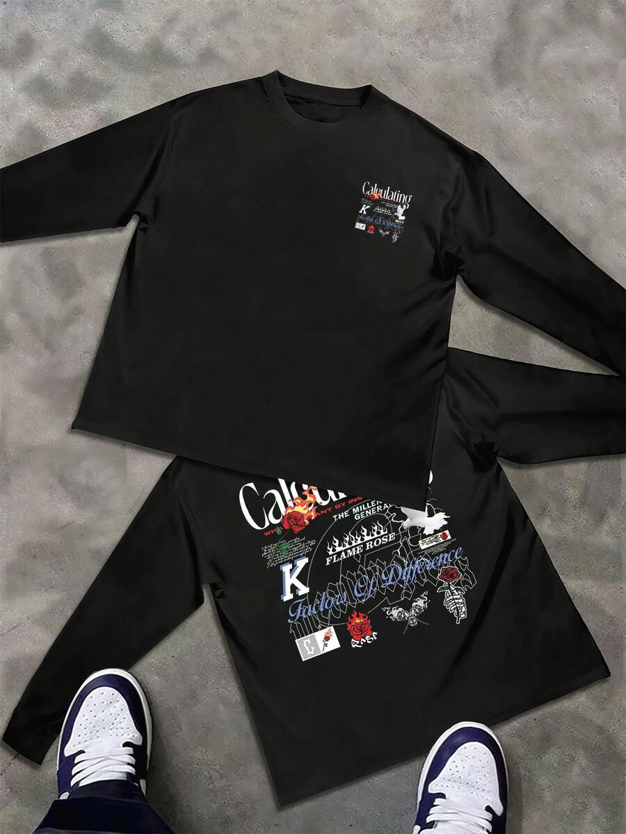 Men's Casual Long Sleeve TShirt With Flame Rose Graphic Print, Stylish & Comfortable 100% Cotton Tee,  Streetwear Top For Men, Fashion Forward Design & Excellent Quality. - 黑色 - 查看 1