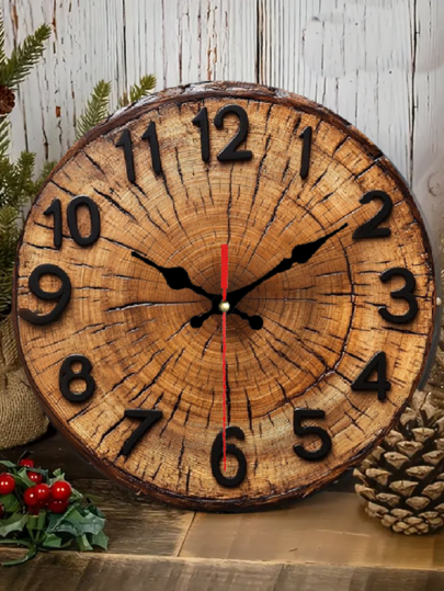 Pc 10 Inch/12 Inch 2D Round Wooden Wand Klok Visible Wood Grain Growth Ring Classic Zwart Numbers s, Home, Office, Cafe Living Room Clock, Flat Home view 4