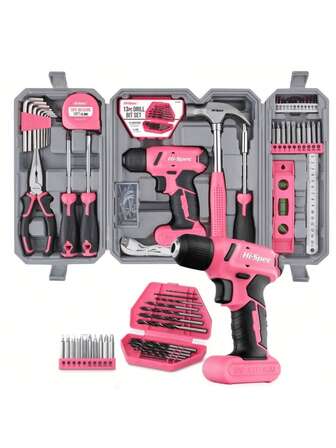 58 piezas Juego de herramientas rosa 8V Destornillador eléctrico USB y kit de herramientas para el hogar, Destornillador eléctrico inalámbrico DIY Taladro eléctrico tipo pistola para el hogar Caja de herramientas multifunción rosa