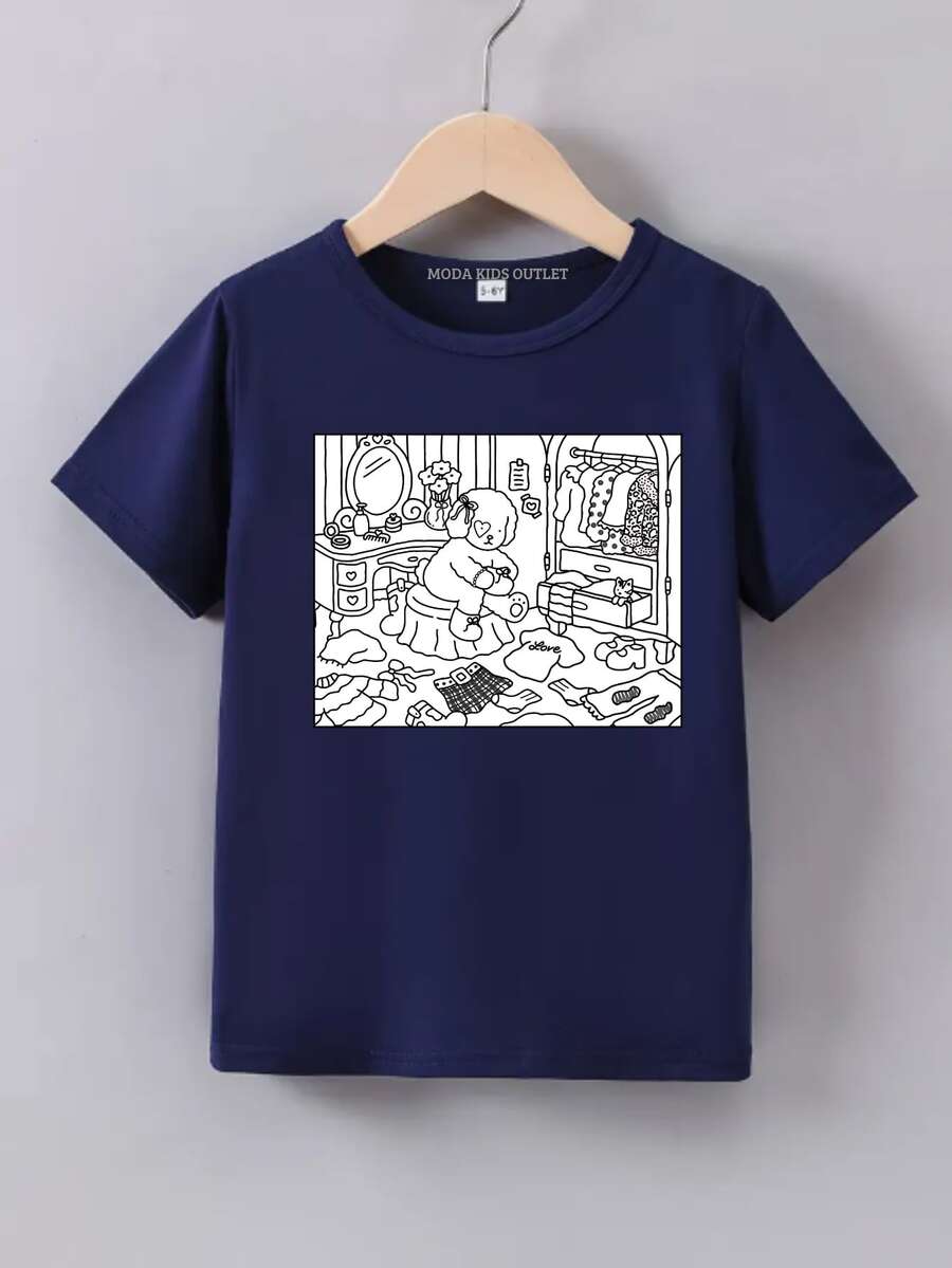 Bobbee Goods Printed Children's T-Shirt For Painting, 100% Cotton Girl's Blouse - 藏蓝色 - 查看 1