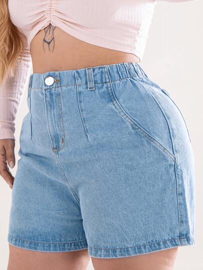 Short Jeans Plus Size Soltinho Feminino Com Elástico Traseiro 100% Algodão Cintura Alta Brilho